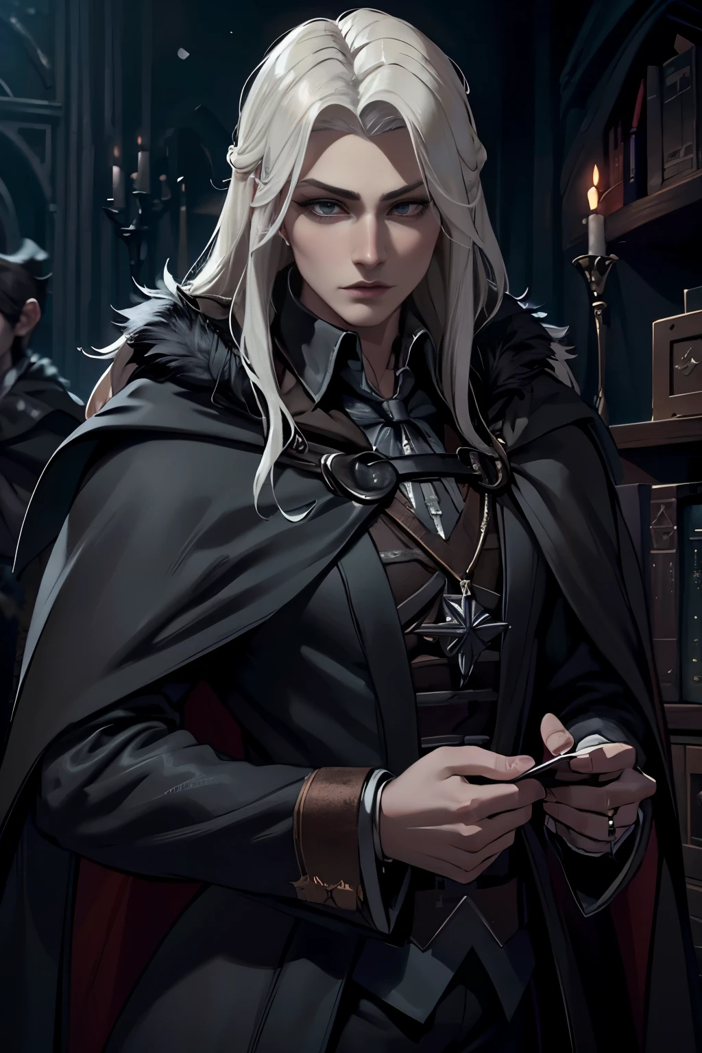 (((Hogwarts))), (((1 chico, male))), (((castillo))),((elegant)), (((black cape))) beautiful,((elegant)),(((Wear tight clothing, black clothes)))8k, Hyper realistic,(((Empty dark background))) ,(((Empty dark background)))., Softly lit, Detalle intimate y exquisito, sharp focus, intricately detailed, award-winning photography, small focus, low contrast, high sharpness, facial symmetry, depth of field, cinematic background, Representation of the unreal engine, central image, dreamlike, Softly lit, intimate, imagen de whole body ,whole body, hdri, (((black fur))) alucardcastlevania