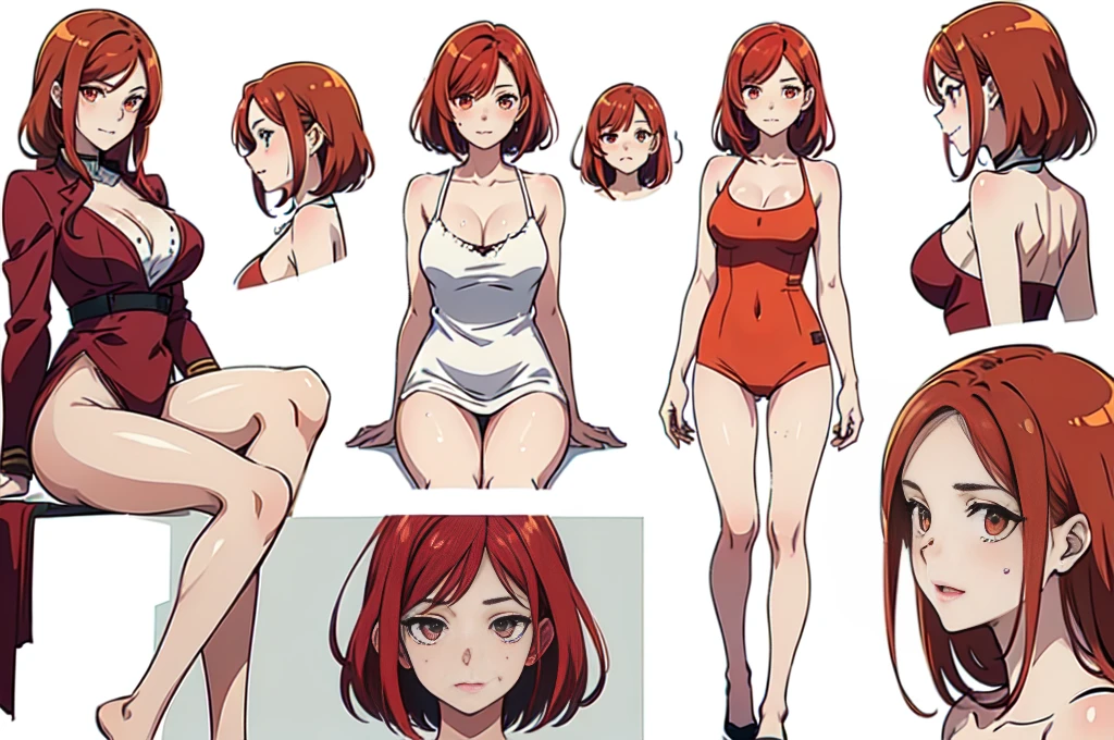 Highest quality,anime style, Detailed face, Character Sheet,(((young woman:1.5))), ((whole body:1.2)), Full of details, multiple postures and expressions, Very detailed, depth, 1 young woman, (masterpiece), 8KHighest quality, Expressive eyes, Perfect Face, High resolution, 1 Girl, alone,Character design sheet, (Redhead:1.5) (Female Body:1.3),smile, Medium Hair, (Orange eyes), (Female Body:1.3), clavicle, naked, Without clothes, Slender figure,Cleavage,seiza,Sitting pose, Blushed,Sweaty, glistening skin,Looking at the audience,(White background),Plain white background,