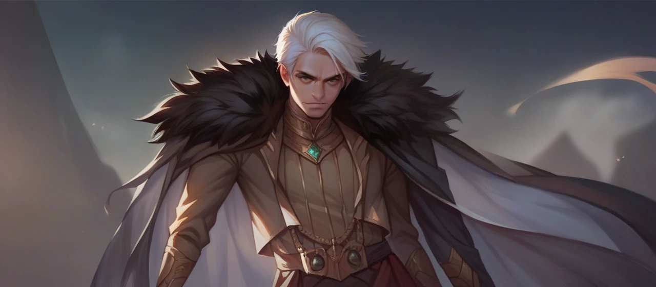 The image shows a character with white hair, dressed in a black and gold outfit, with a gem on top, realistic, ultra detail, 70mm lens.