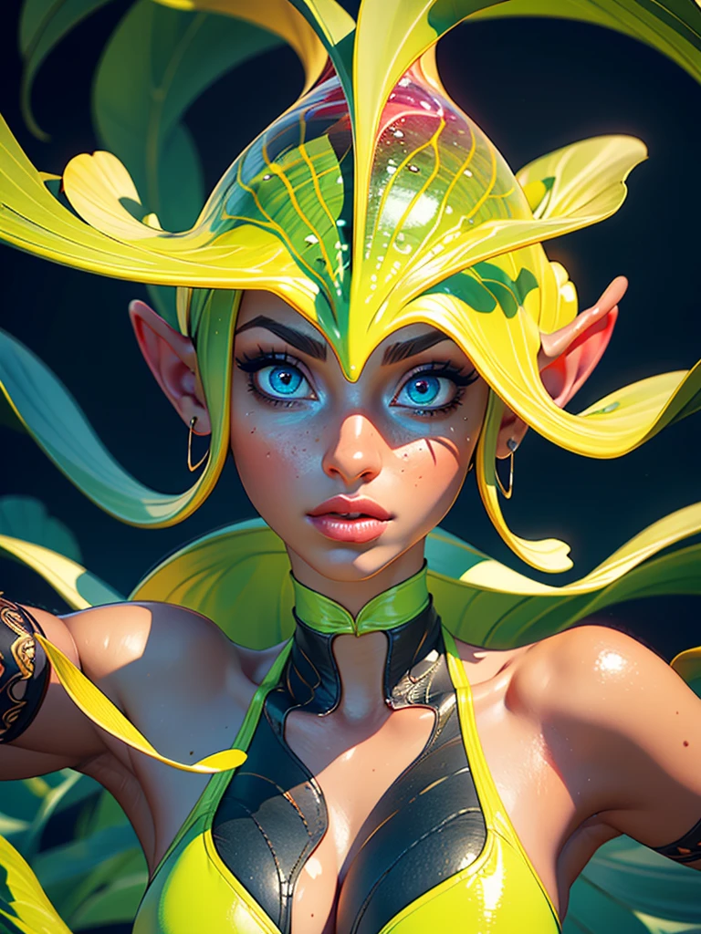 a green alien, alien creature, colorful fantasy creature, beautiful detailed eyes, beautiful detailed lips, extremely detailed eyes and face, long eyelashes, intricate organic design, glowing bioluminescent skin, iridescent scales, flowing tentacles, majestic pose, dynamic movement, detailed rendering, cinematic lighting, vibrant colors, otherworldly atmosphere, digital art, concept art, 8k, high resolution, photorealistic, masterpiece
