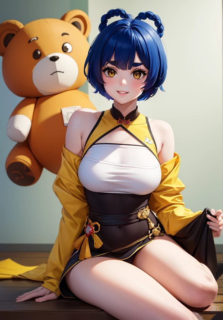 Masterpiece, Best Quality, 1 girl, looking at the viewer, sitting, White background, Xiangling (Genshin Impact), blue hair, short hair, plush toy, sideways, barefoot, hair ornament, breasts, Stuffed animal, alone, parted lips, fringe, bare shoulders, yellow eyes, shirt, looking to the side, Wariza, shirt blanca, breasts pequeños, Fork, bare shoulders, holding up, thick eyebrows, bare legs, fringe romo, SMILE, Teddy bear, long sleeves, Brown eyes, open clothing, braid, Alternative costume, outdated, camialone, tight