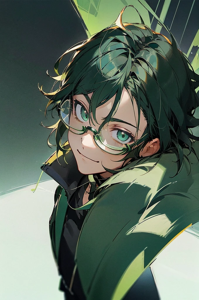 , expressive eyes), 1boy, (anime), (male), (adult), (black hair), green gradient hair, green eyes, black jacket, (green tainted glasses), black gloves. upper body, smiling face, facing towards camera, sunshine on the person, city background
