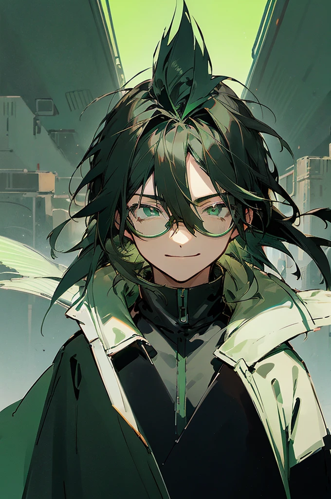 , expressive eyes), 1boy, (anime), (male), (adult), (black hair), green gradient hair, green eyes, black jacket, (green tainted glasses), black gloves. upper body, smiling face, facing towards camera, sunshine on the person, city background
