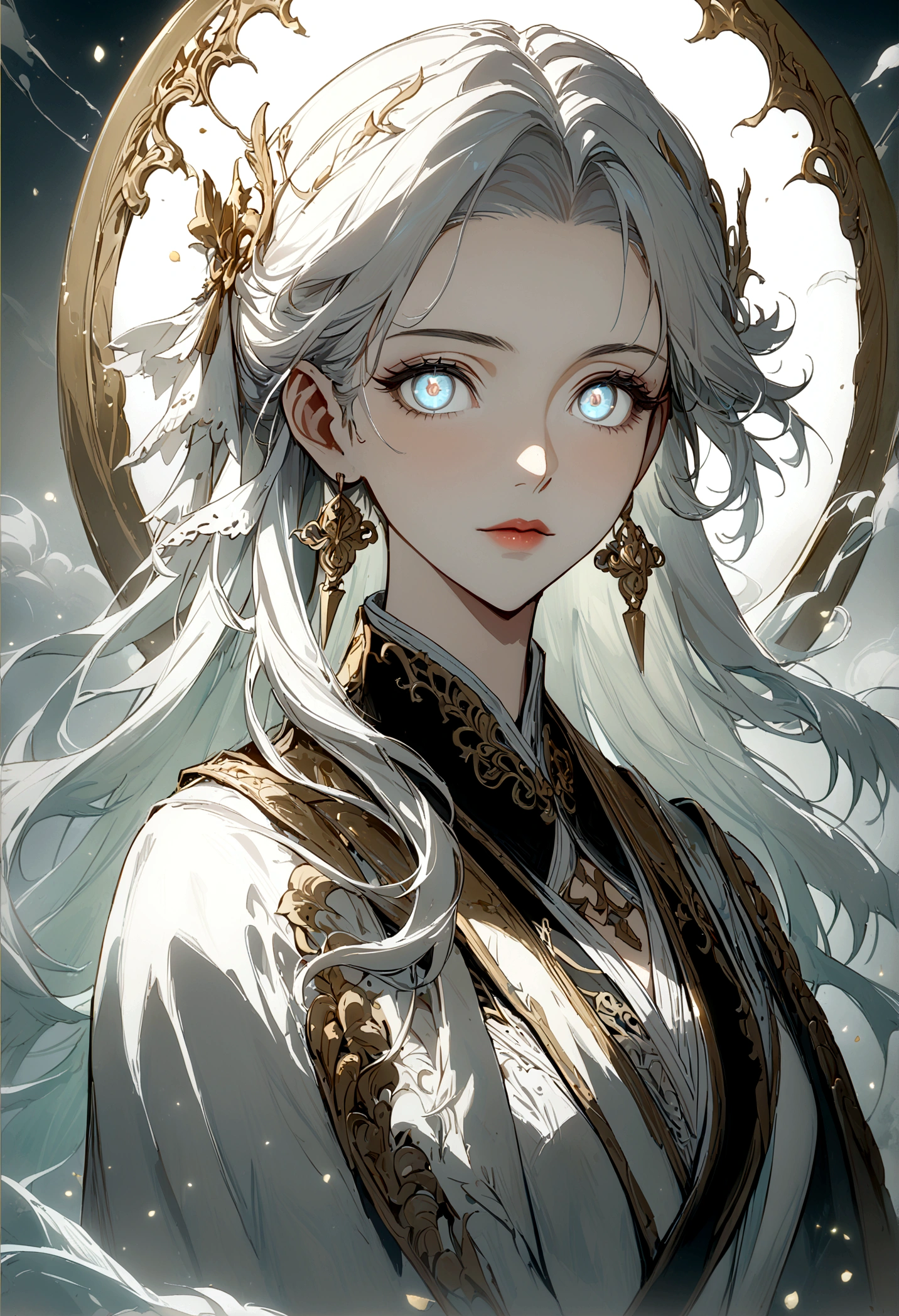 Jinhsi from wuthering waves, 1girl, white long hair, beautiful detailed eyes, beautiful detailed lips, extremely detailed face, longeyelashes, deity, goddess, ethereal, anime, fantasy, portrait, masterpiece, character splash art, (best quality,4k,8k,highres,masterpiece:1.2),ultra-detailed,cinematic lighting,intricate details,highly detailed,elegant,serene,mystical,powerful,graceful,luminous,glowing,ethereal glow,ethereal atmosphere,ethereal presence,angelic,majestic,divine