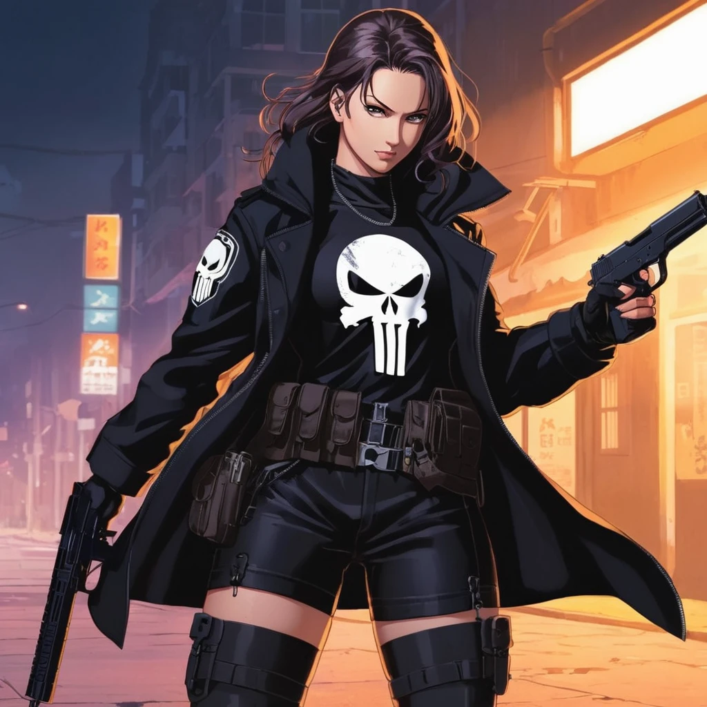 anime artwork of a punisher woman in a black punisher coat holding a gun anime manga girl style, anime style, key visual, vibrant, studio anime, highly detailed