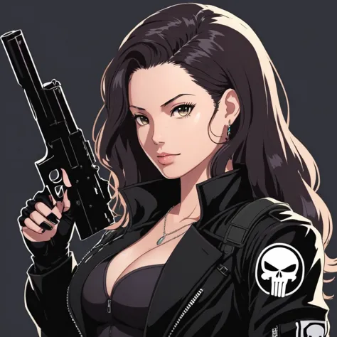 anime artwork of a punisher woman in a black punisher coat holding a gun anime manga girl style, anime style, key visual, vibran...