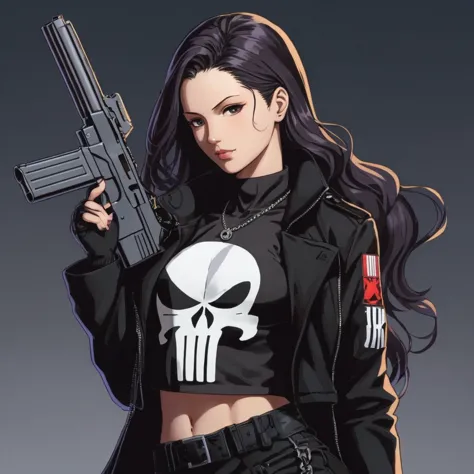 anime artwork of a punisher woman in a black punisher coat holding a gun anime manga girl style, anime style, key visual, vibran...