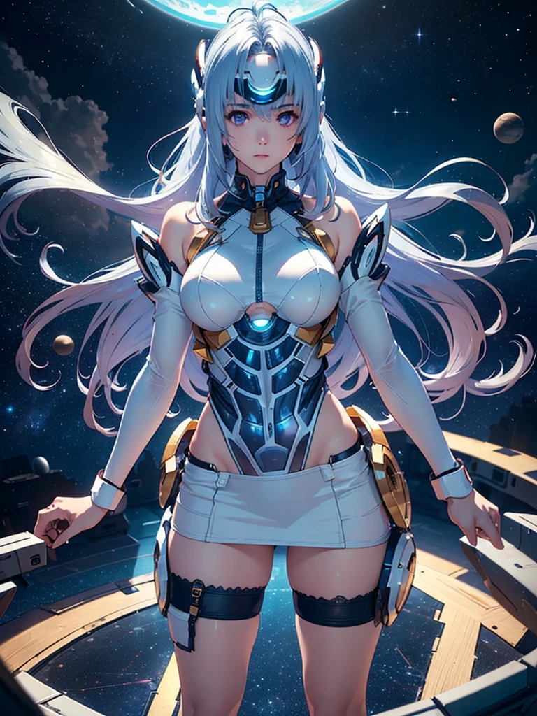 (masterpiece:1.3), (8K、photorealistic, Raw photo, best quality:1.4), (solo), one girl, (((kos-mos))), beautiful face, Beautiful face with perfect symmetry, cute face, (beautiful light blue long hair), With bangs, There is a visor on the forehead, beautiful purple eyes, perfect anatomy, (high detail skin: 1.2), natural breast, Beautiful thighs, Natural buttocks, white costume, mini skirt, costume with open chest, Clothes that look like 6 pack abs, Stars and planets can be seen in outer space, standing on the deck of a spaceship, perfect lighting, focus only, perfect anatomy,Front view,