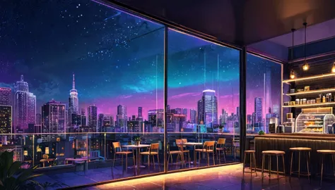 Digital illustration of an angle looking inside a glass-walled coffee shop from the outside。Outside the window, a beautiful nigh...