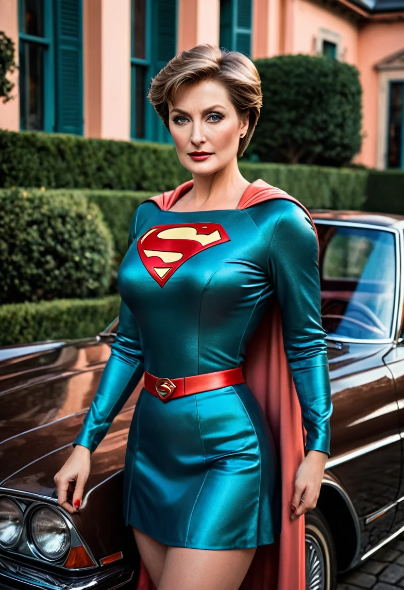 tout le corps, Prise de vue grand angle, portrait en gros plan du corps d&#39;une belle Supergirl, Grand et en forme, (40 ans: 1.1), (rasé: 1.2), (cheveux bruns très courts: 1.5), (cheveux très courts :1.6). Costume de Supergirl de 1984, (La veste a des motives de fleurs noires:1.2). (posant devant le manoir avec une voiture de luxe:1.1), rue animée avec des cafés au loin, coucher de soleil froid et sombre au crépuscule, (lumière de bord:1.1),(Concentrez-vous sur les yeux), ( regard en colère), (lumière dure sur la peau: 1.2), (hard ombres, Thème sombre, contraste profond: 1.1), (Photographie de portrait de Supergirl Mary Streep), Thème menthe foncée et esthétique corail, (imperfections cutanées)