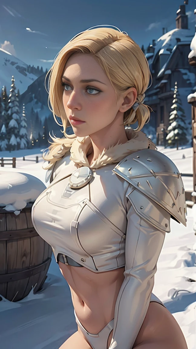 masterpiece, best quality, (full body shot,,moon),Masterpiece, 1girl, solo exhibition, beautiful woman, , beautiful goddess girl, beautiful and detailed face, porcelain skin, (((bust shot, center, blonde hair, short hair)), super soft lighting, symmetry, complexity, elegance, high detail, realism, art, concept art, Nordic female warrior, amazing body, athletic, curvy, fur armor, snowy scenery, outdoor Nordic background, 