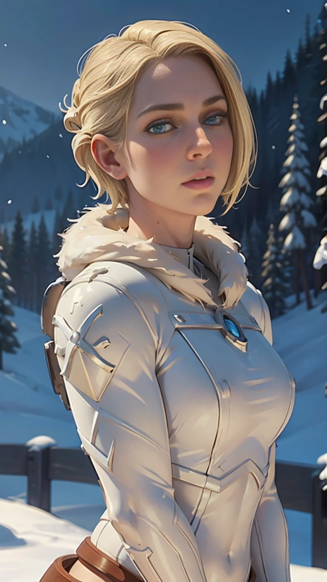 masterpiece, best quality, (full body shot,,moon),Masterpiece, 1girl, solo exhibition, beautiful woman, , beautiful goddess girl, beautiful and detailed face, porcelain skin, (((bust shot, center, blonde hair, short hair)), super soft lighting, symmetry, complexity, elegance, high detail, realism, art, concept art, Nordic female warrior, amazing body, athletic, curvy, fur armor, snowy scenery, outdoor Nordic background, 