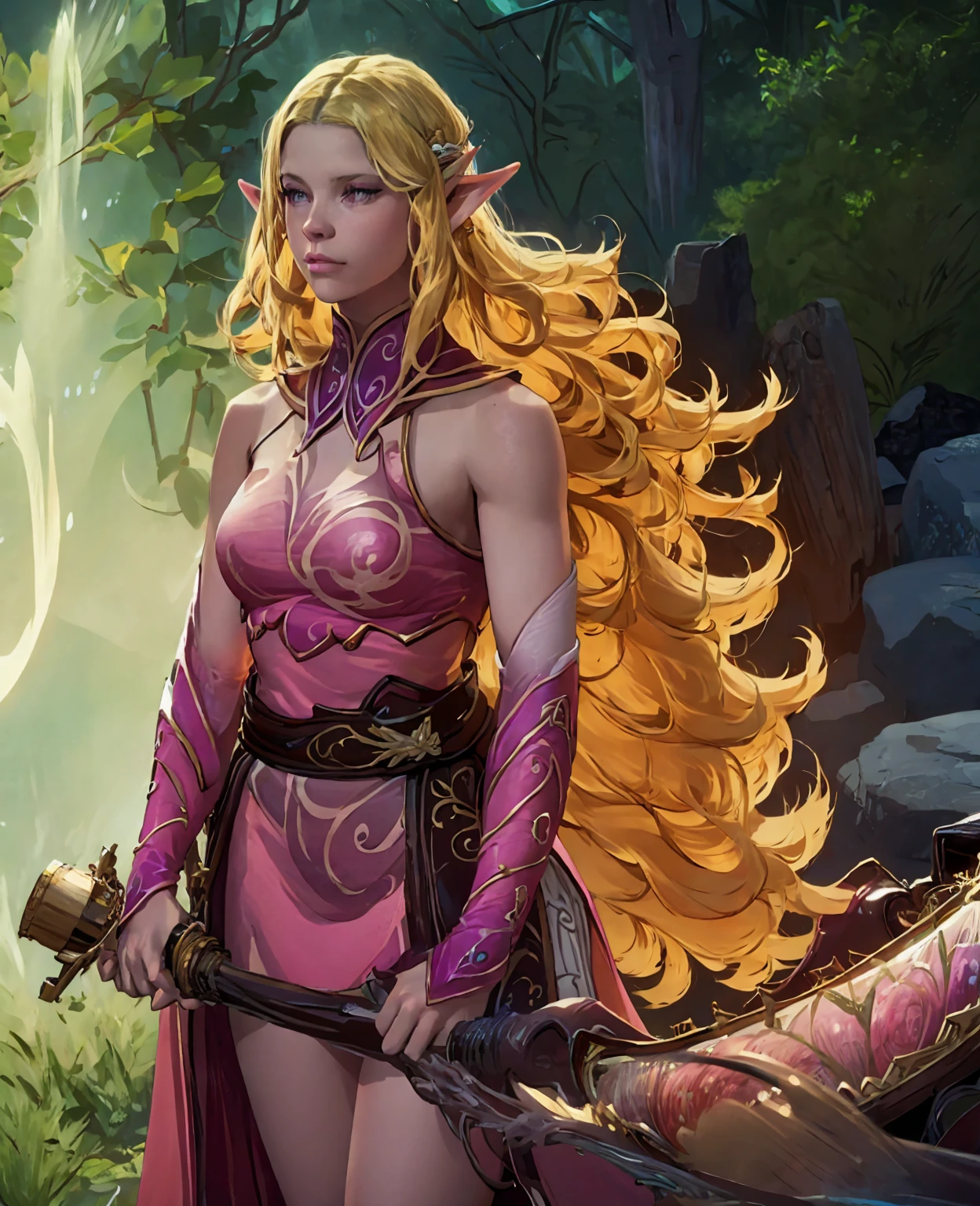 a beautiful elven princess, intricate elven crown, delicately pointed ears, long wavy hair, ethereal glowing skin, elegant flowing dress, detailed ornate jewelry, serene expression, magical forest background, glowing lights, (best quality,4k,8k,highres,masterpiece:1.2),ultra-detailed,(realistic,photorealistic,photo-realistic:1.37),fantasy art,digital painting,cinematic lighting,vibrant colors