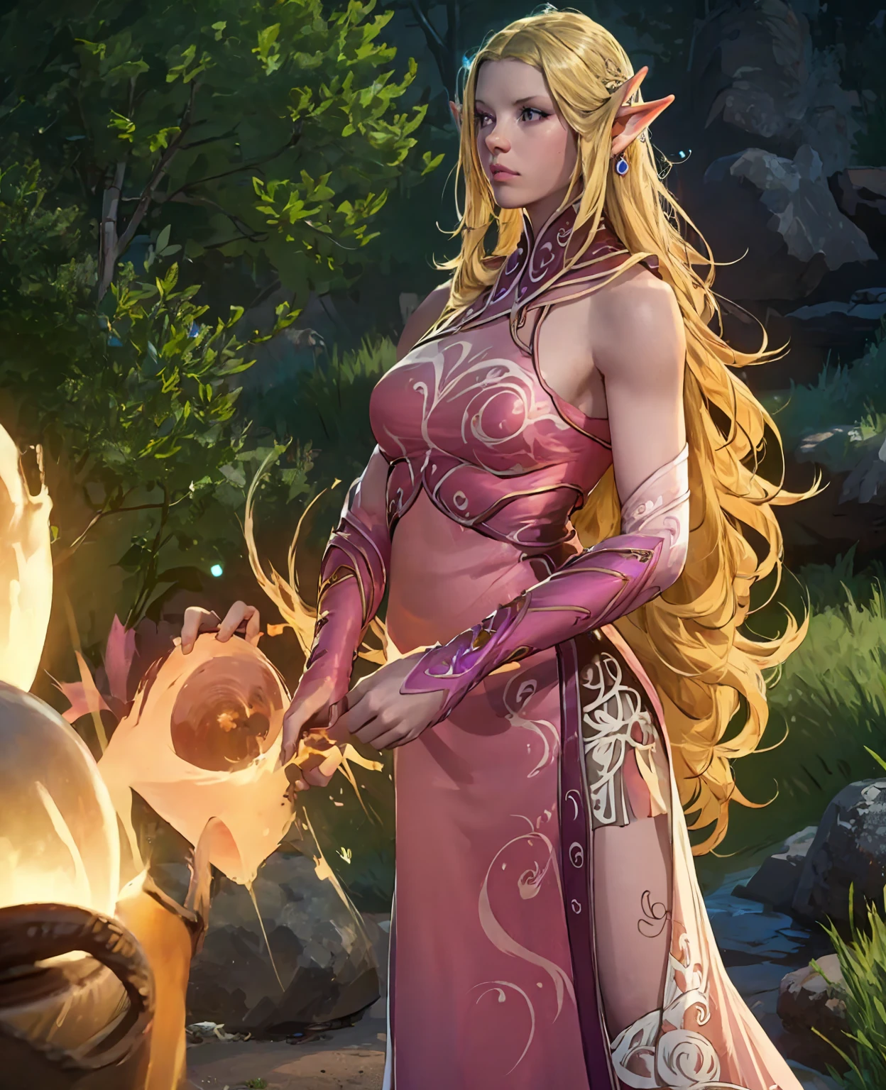 a beautiful elven princess, intricate elven crown, delicately pointed ears, long wavy hair, ethereal glowing skin, elegant flowing dress, detailed ornate jewelry, serene expression, magical forest background, glowing lights, (best quality,4k,8k,highres,masterpiece:1.2),ultra-detailed,(realistic,photorealistic,photo-realistic:1.37),fantasy art,digital painting,cinematic lighting,vibrant colors