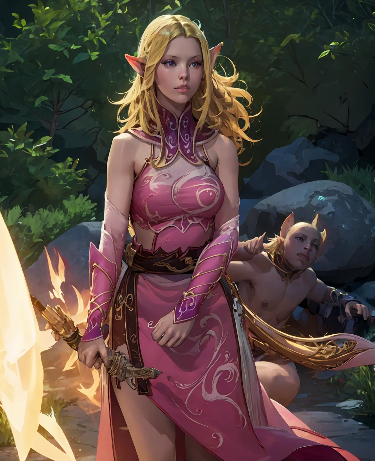 a beautiful elven princess, intricate elven crown, delicately pointed ears, long wavy hair, ethereal glowing skin, elegant flowing dress, detailed ornate jewelry, serene expression, magical forest background, glowing lights, (best quality,4k,8k,highres,masterpiece:1.2),ultra-detailed,(realistic,photorealistic,photo-realistic:1.37),fantasy art,digital painting,cinematic lighting,vibrant colors