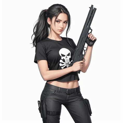 anime artwork of a young sexy punisher woman in a black punisher shirt holding one gun anime manga girl style, entire body in sh...