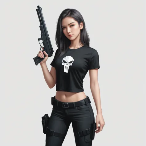 anime artwork of a young sexy punisher woman in a black punisher shirt holding one gun anime manga girl style, entire body in sh...