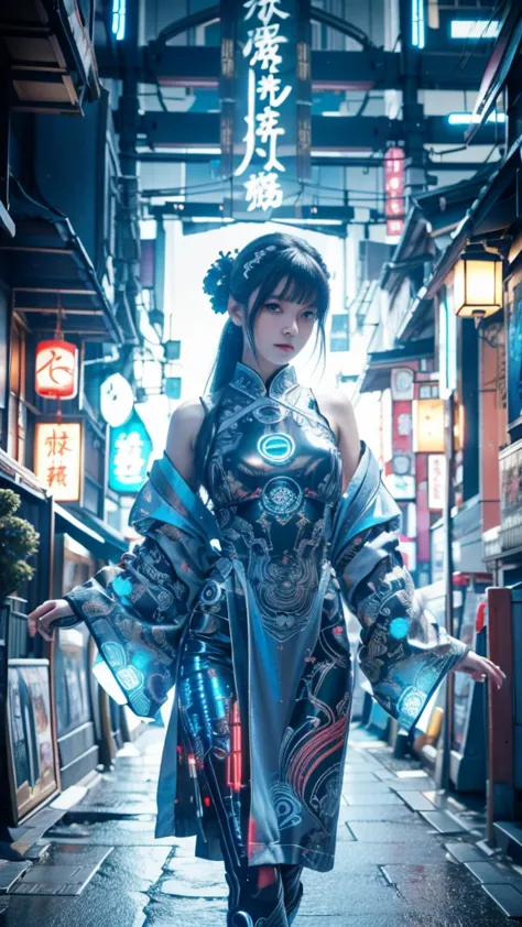 Neo Tokyo,Cyberpunk 12 year old very pretty and beautiful and girl with mysterious atmosphere,  in appearance and graceful in tr...
