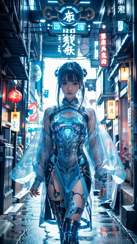 Neo Tokyo,Cyberpunk 12 year old very pretty and beautiful and girl with mysterious atmosphere,  in appearance and graceful in tr...