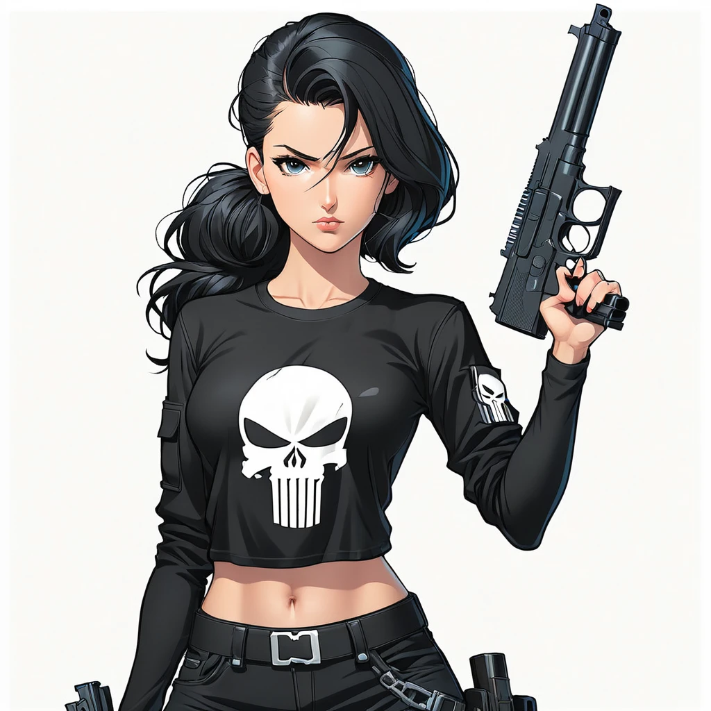 anime artwork of a young sexy punisher woman in a black punisher shirt holding one gun anime manga girl style, entire body in shot, full body shot, anime style, key visual, line art, coloring page, studio anime, highly detailed