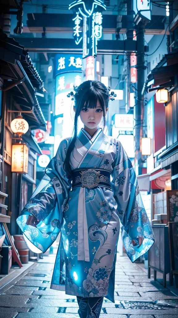 NEO TÓQUIO, Ciberpunk,  muito fofa e bonita e garota com uma atmosfera misteriosa, fantasma,  na aparência e gracioso em trajes e design tradicionais japoneses, Lindos olhos azuis claros, Biomecânica, Quarto japonês tradicional gracioso, cabelo preto comprido, franja, Face, mãos, desenhos e decorações são detalhados e claramente desenhados, imagens ultra-realistas e realistas de altíssima qualidade.