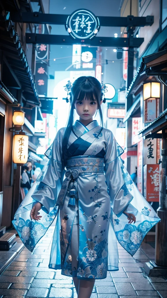 НЕО ТОКИО, киберпанк, 12 лет, очень милая и красивая девочка с загадочной атмосферой., Призрак,  внешне изящный, в традиционном японском костюме и дизайне., Красивые светло-голубые глаза, биомеханический, Японская традиционная изящная японская комната, длинные черные волосы, челка, лицо, руки, рисунки и украшения детально и четко прорисованы, ультрареалистичные и реалистичные изображения супер высокого качества.
