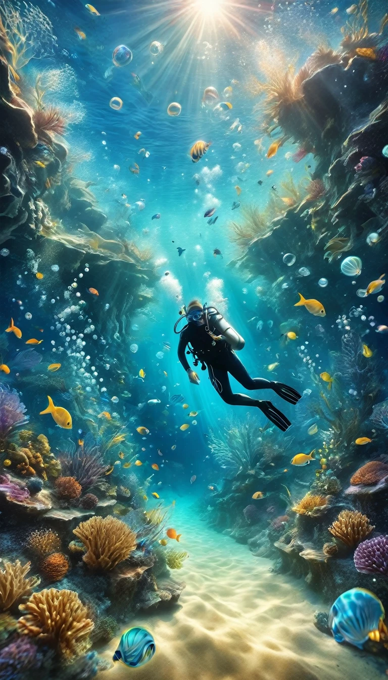 Fotos no fundo do mar,Desenhando um lindo mundo subaquático,Melhores pontos de mergulho,Transparência,que bonito!,Representação da água,movimento da água,microbolhas,Realismo,Um belo local de mergulho que irá cativar a todos,brilhante,Configuração diagonal,Concentre-se no mundo subaquático,realista,Detalhe subaquático requintado,fantasia,sonhe como,1 diver