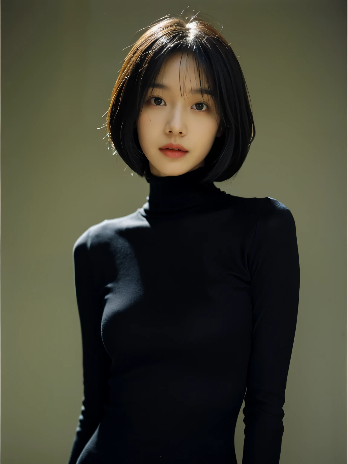 Best quality,masterpiece,Ultra-high resolution,(Authenticity:1.4),RAW photos,Texture,1 cool girl,High and tall，Wearing a turtleneck, Standing in a plain background，Looking at the camera，fashion photography, black bob haircut, beautiful eyes