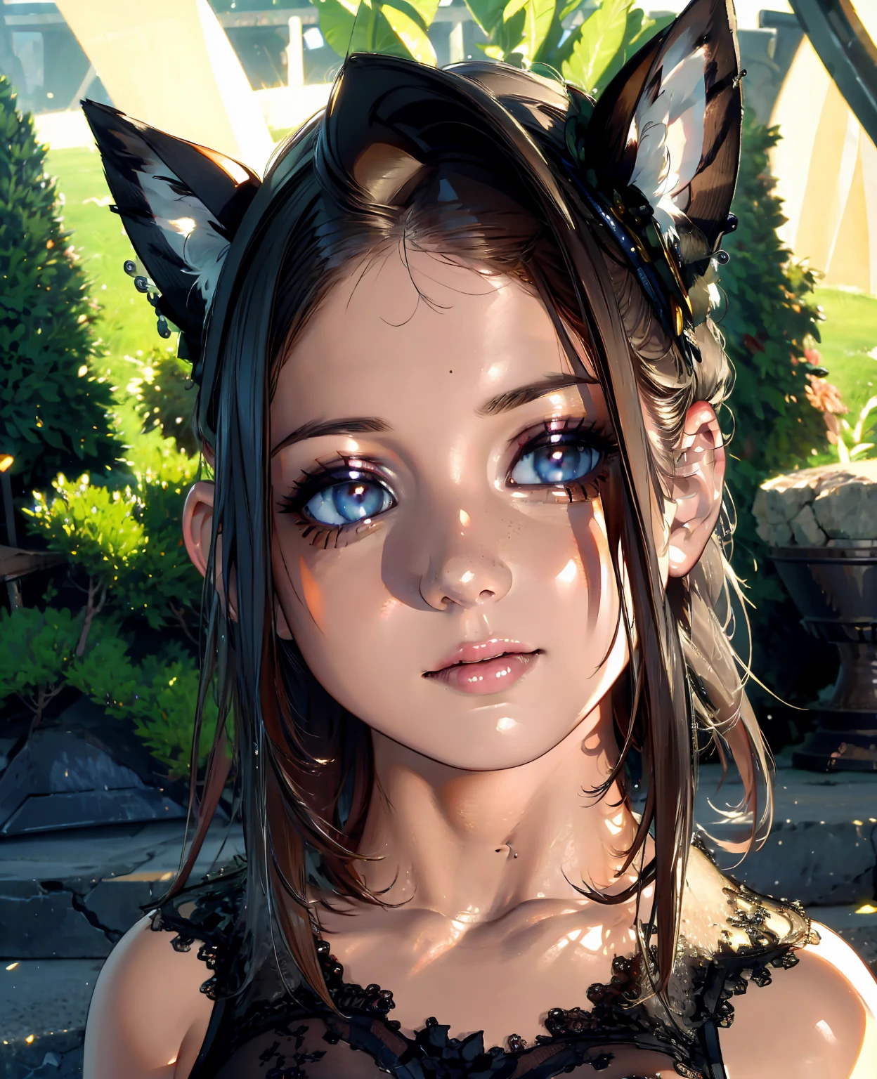 a foxy girl, 1girl, cute animal ears, fluffy tail, mischievous expression, detailed face, beautiful detailed eyes, beautiful detailed lips, looking at viewer, outdoors, meadow, flowers, sunlight, warm color palette, cinematic lighting, intricate details, delicate features, fantasy, (best quality,4k,8k,highres,masterpiece:1.2),ultra-detailed,(realistic,photorealistic,photo-realistic:1.37)