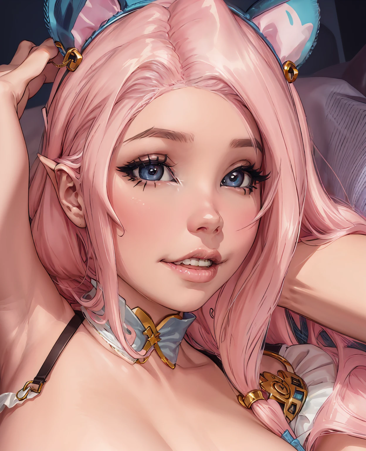 a beautiful woman with long pink hair, Belle Delphine, holding a cute dog, high quality, realistic, 8k, detailed facial features, beautiful detailed eyes, beautiful detailed lips, extremely detailed face, elegant pose, photorealistic, studio lighting, vibrant colors, fantasy, whimsical, magical