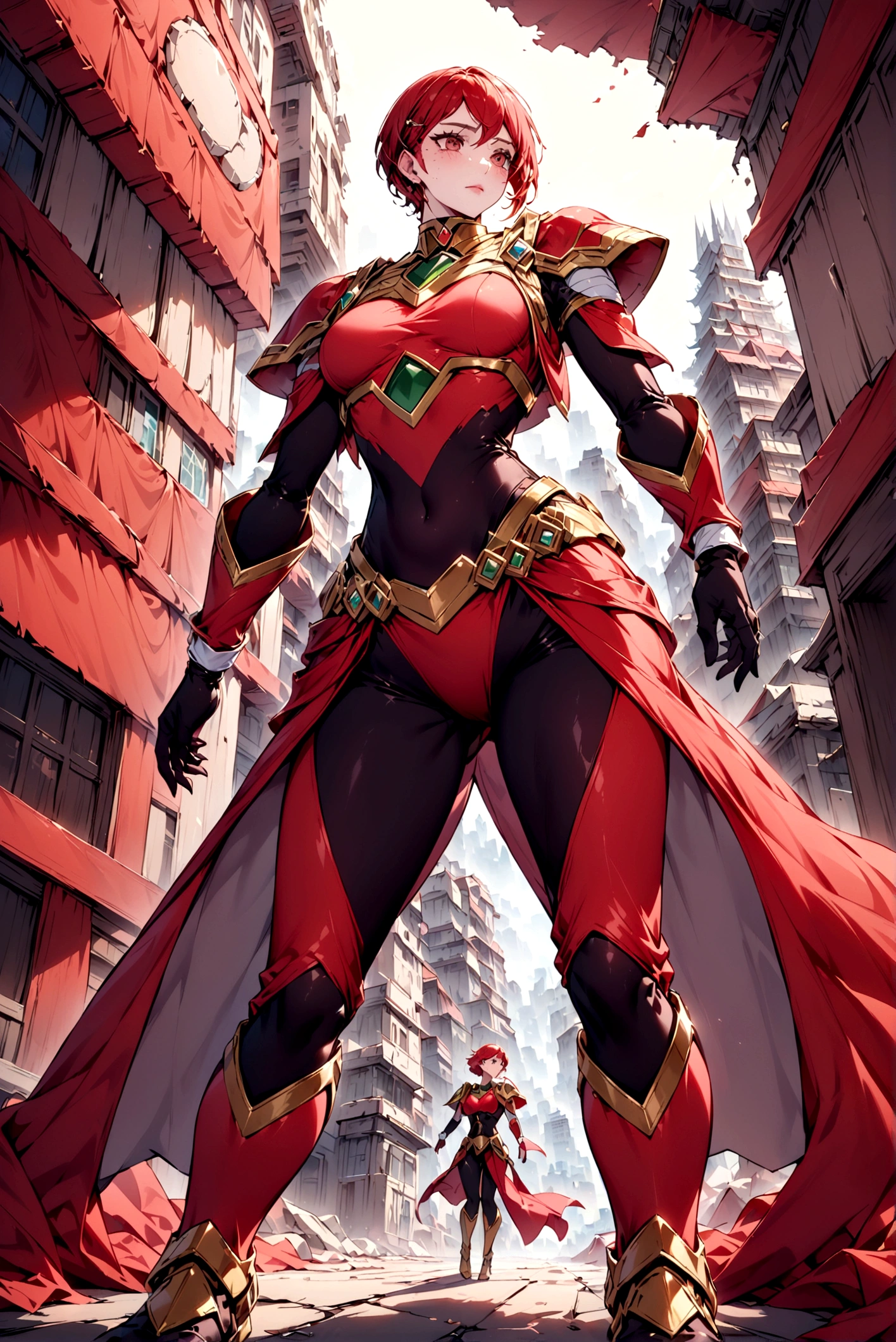 Персонаж может быть создан с дизайном, похожим на красного Могучего Рейнджера с опустошенным городом позади. 