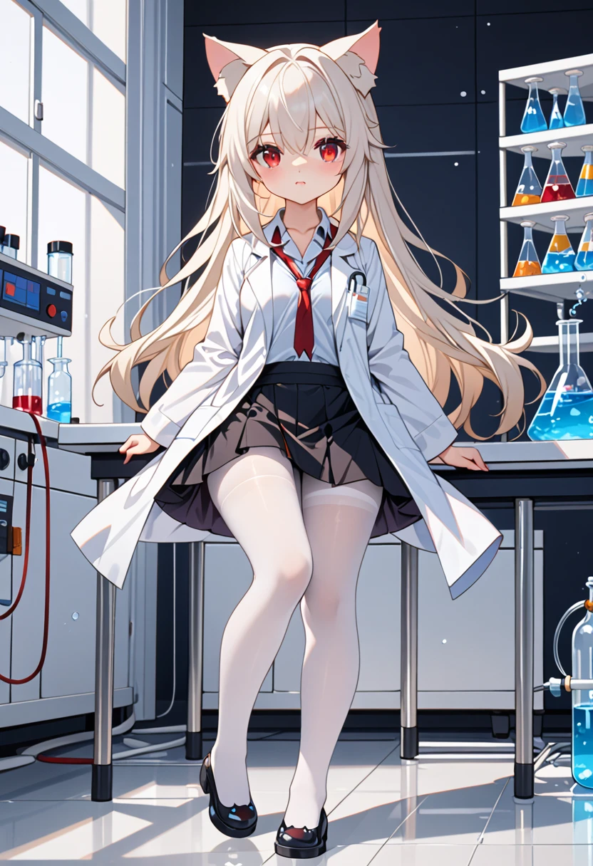 masterpiece, highest quality, highest resolution, clear_image, detailed details, White hair, long hair, cat ears, 1 girl, red eyes, white lab coat (with a black short skirt), white pantyhose, white scarf (around the neck), cute, full body, no water marks, laboratory, no extra limps, no extra body