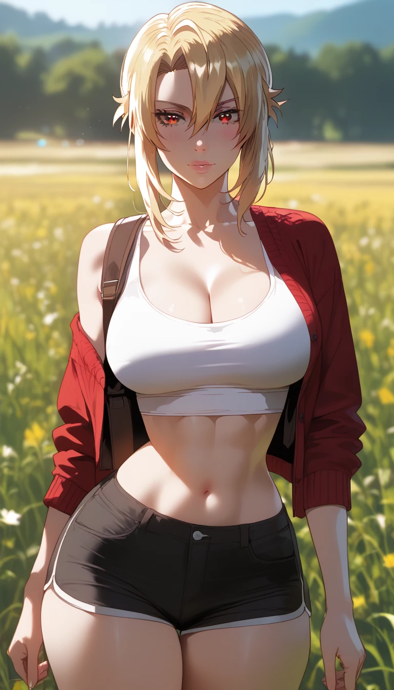 score_9, score_8_up, score_7_up, score_6_up, uncensored, angelica, blonde hair, sidelocks, red eyes, BREAK (masterpiece:1.2), best quality, high resolution, (beautiful detailed eyes:1.3), perfect lighting, (perfect hands, perfect anatomy), large breasts, casual, white tanktop, crop top, hotpants, red cardigan, black legwear, dynamic pose, cowboy shot, field, anime coloring, vivid colors, horizon, lens flare, 