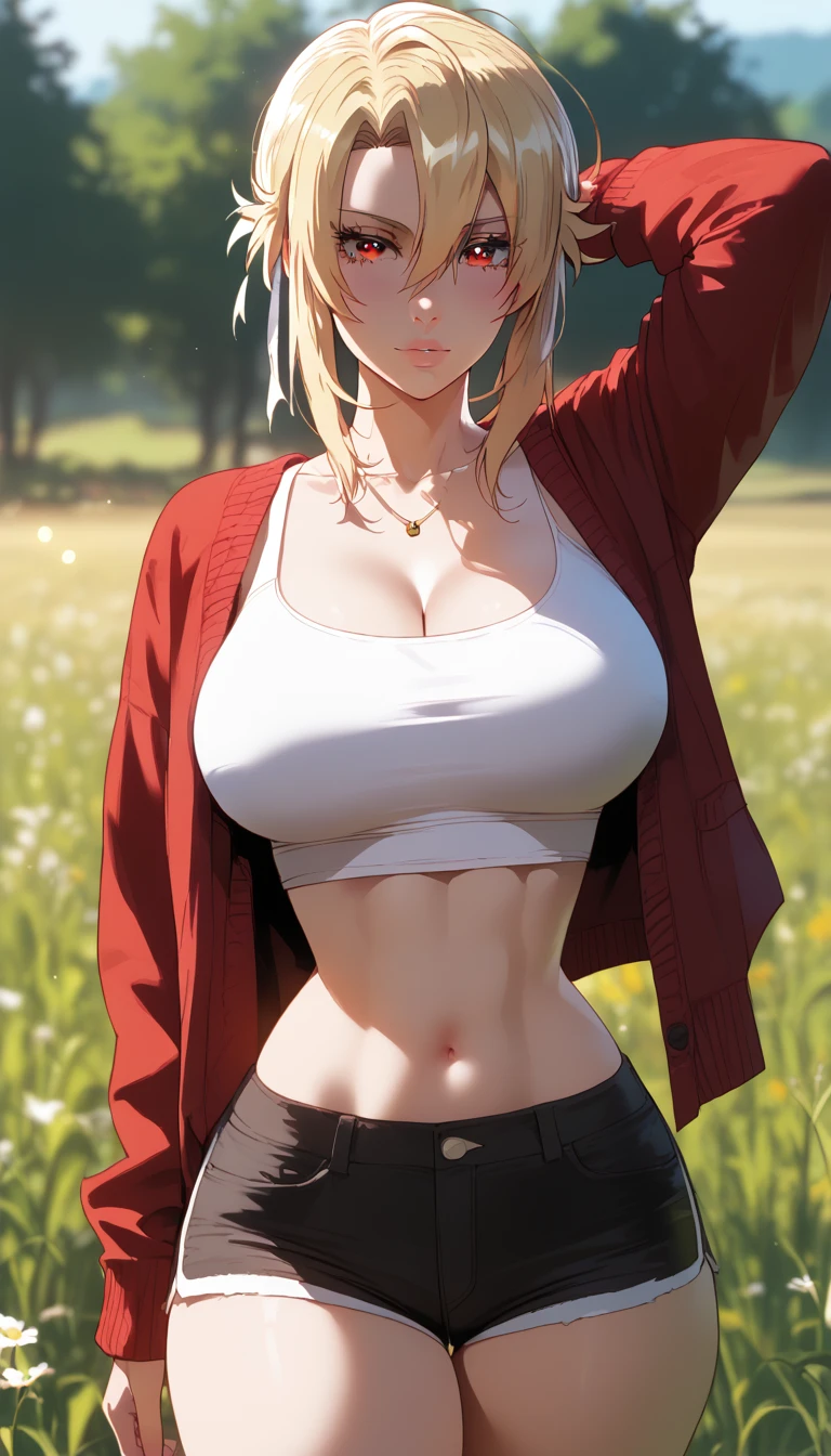 score_9, score_8_up, score_7_up, score_6_up, uncensored, angelica, blonde hair, sidelocks, red eyes, BREAK (masterpiece:1.2), best quality, high resolution, (beautiful detailed eyes:1.3), perfect lighting, (perfect hands, perfect anatomy), large breasts, casual, white tanktop, crop top, hotpants, red cardigan, black legwear, dynamic pose, cowboy shot, field, anime coloring, vivid colors, horizon, lens flare, 