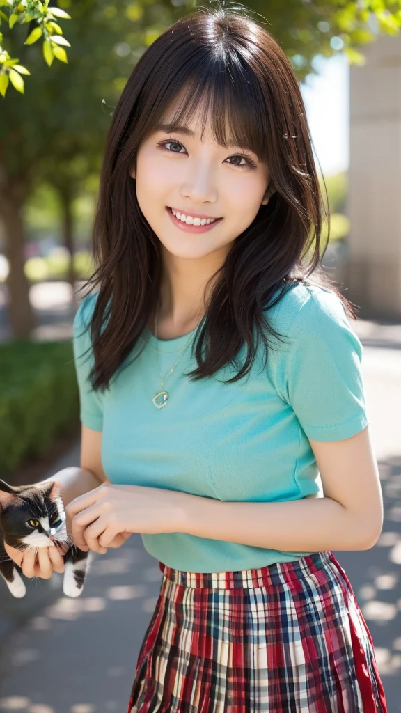 (Highest quality: 1.5), (Realistic: 1.5), (1 person: 1.5), Very detailed, High resolution, 8K,Natural color lips, Cute Smile, Japanese women, 20-year-old girl, Beautiful and elegant features, Perfect and beautiful face, Balanced big eyes, Beautiful and elegant features, Natural double eyelids, Natural Bangs, Beautiful thin nose, Beautiful Skin, Medium Bob Hair , Natural Bangs , Perfect and beautiful face, Slim face and figure, (Looking at the camera with a sweet smile), Bright lighting, Professional Lighting, Forward lighting, Beautiful feet: 1.2, Smooth Skin, Slender body, Slim waistline, slim thin thighs,  Cleavage, Detailed clothing, (Short sleeve:1.5), (Pleated skirt:1.5), Checkered Pleated Micro Mini Skirt, Short sleeveドレスシャツ Ultra HD, Realistic,, Frolic with cats,  Playing with cats,Holding a cat, Holding a cat,Pick up the cat, garden,squat