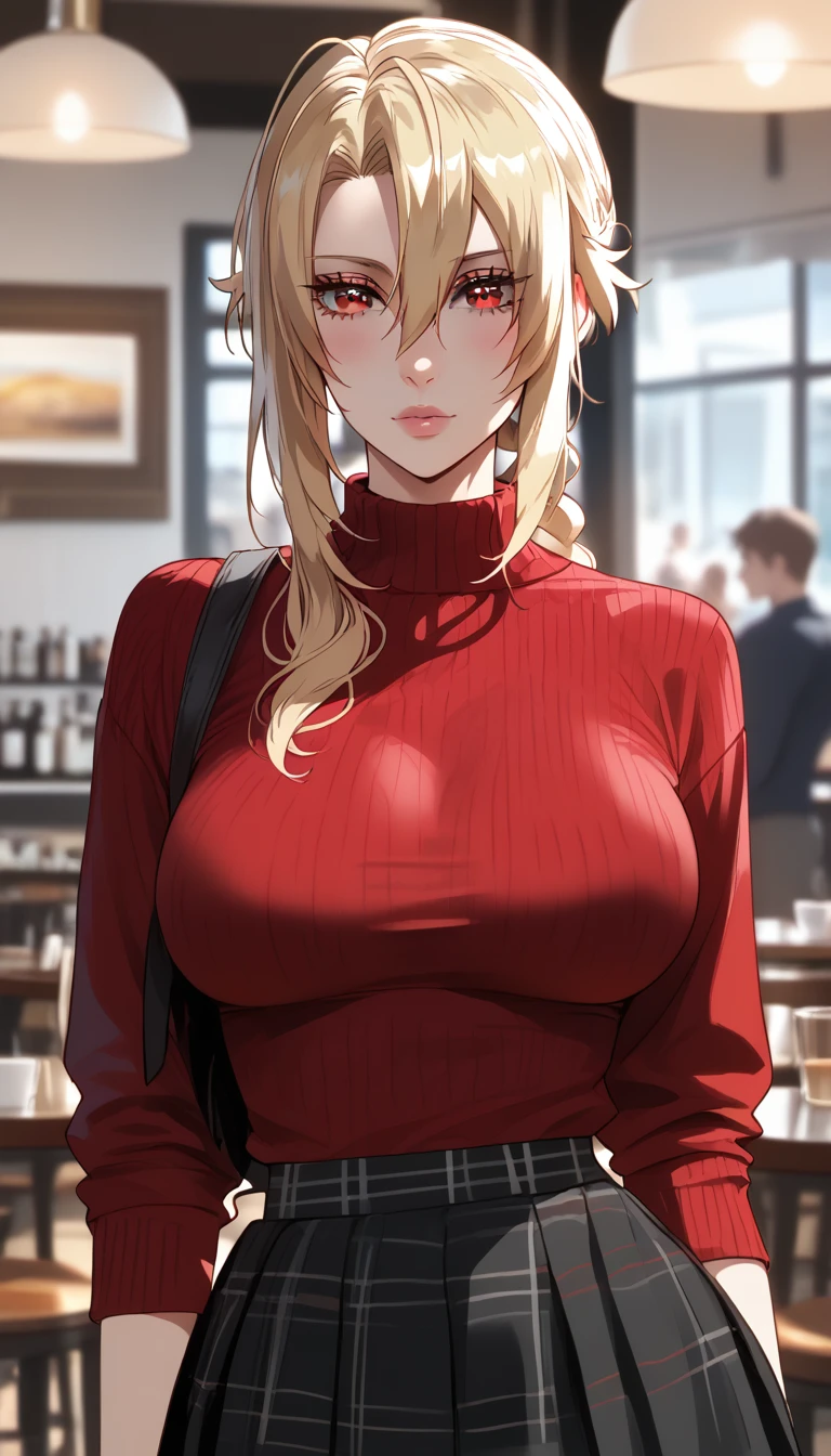 score_9, score_8_up, score_7_up, score_6_up, uncensored, angelica, blonde hair, sidelocks, braid, red eyes, BREAK (masterpiece:1.2), best quality, high resolution, (beautiful detailed eyes:1.3), perfect lighting, (perfect hands, perfect anatomy), large breasts, casual, casual_exposure, (open_sweater, white_sweater), black_shirt, pleated_skirt, cafe, holding_cup, 