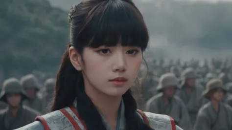 a shot from movie scene by akira kurosawa, lisa blackpink as beautiful ancient japanese female general on the battlefield