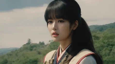 a shot from movie scene by akira kurosawa, lisa blackpink as beautiful ancient japanese female general on the battlefield