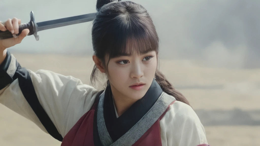 a shot from movie scene by Akira Kurosawa, Lisa Blackpink as beautiful Ancient Japanese female general fighting on the battlefied