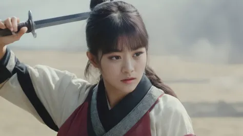 a shot from movie scene by akira kurosawa, lisa blackpink as beautiful ancient japanese female general fighting on the battlefie...