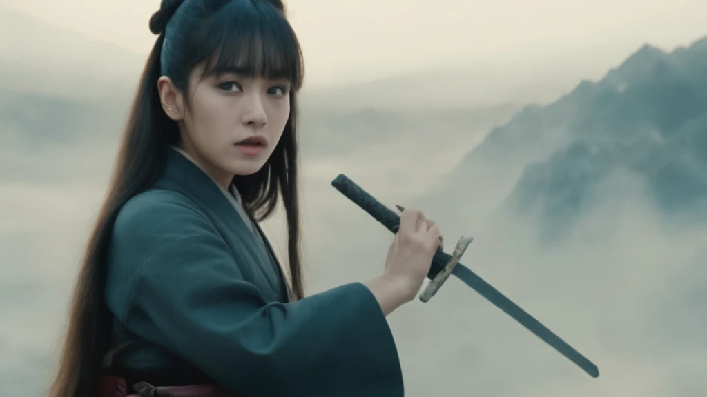 a shot from movie scene by Akira Kurosawa, Lisa Blackpink as beautiful Ancient Japanese female general fighting on the battlefied