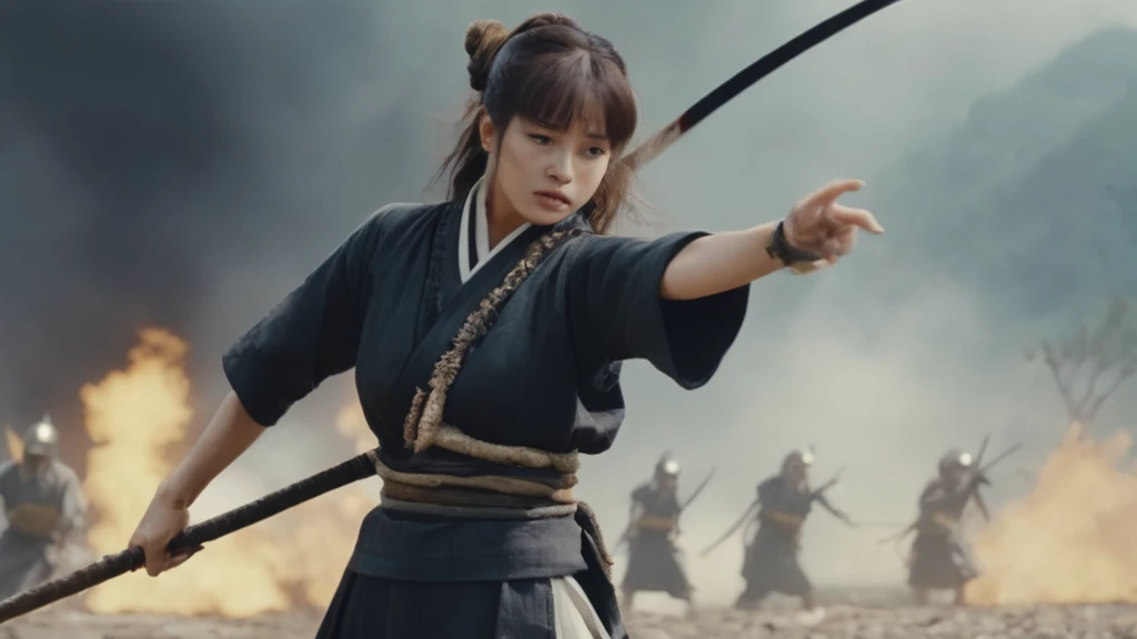 a shot from movie scene by Akira Kurosawa, Lisa Blackpink as beautiful Ancient Japanese female general fighting on the battlefied