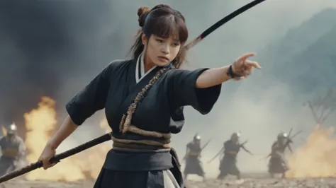 a shot from movie scene by akira kurosawa, lisa blackpink as beautiful ancient japanese female general fighting on the battlefie...