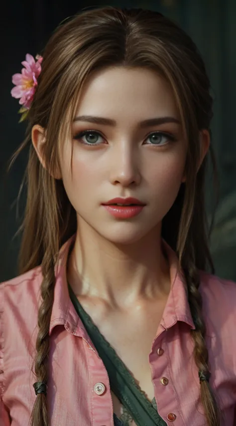 Aerith, green eyes, (best quality, ultra-detailed), (realistic:1.37), beautiful and detailed face, ultra-realistic texture, deli...