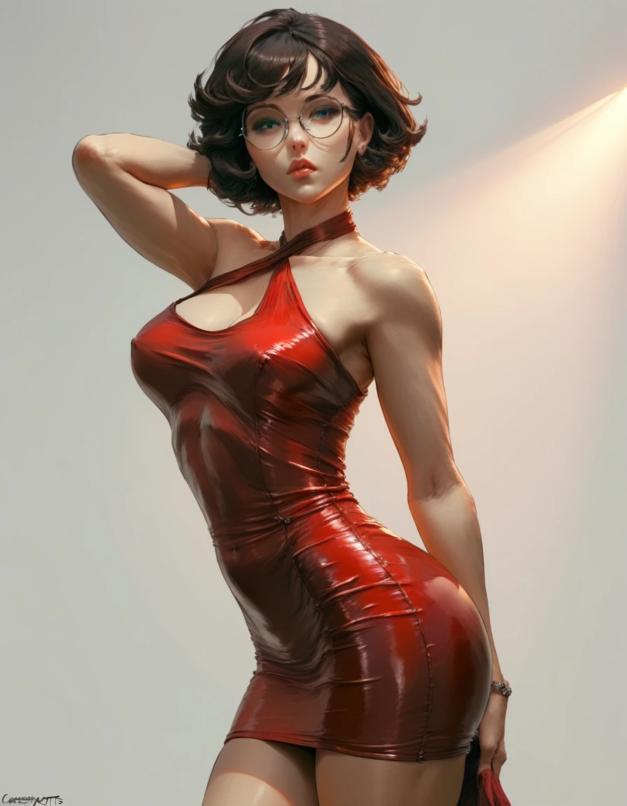 a woman in a short red latex skirt and round glasses, short hair posing for a photo, a hyperrealistic anime girl, hyperrealistic, cutesexyrobutts, realistic and seductive, curved, big , 8k, high quality, detailed facial features, extremely detailed eyes and face, beautiful detailed lips, extremely detailed skin, beautiful detailed body, elegant pose, dynamic lighting, vivid colors, photorealistic, studio lighting, physically-based rendering, sharp focus, masterpiece, intricate details, volumetric lighting