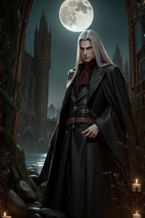 a vampire his physical features should be similar to those of alucard from castlevania: symphony of the night. it should have an...