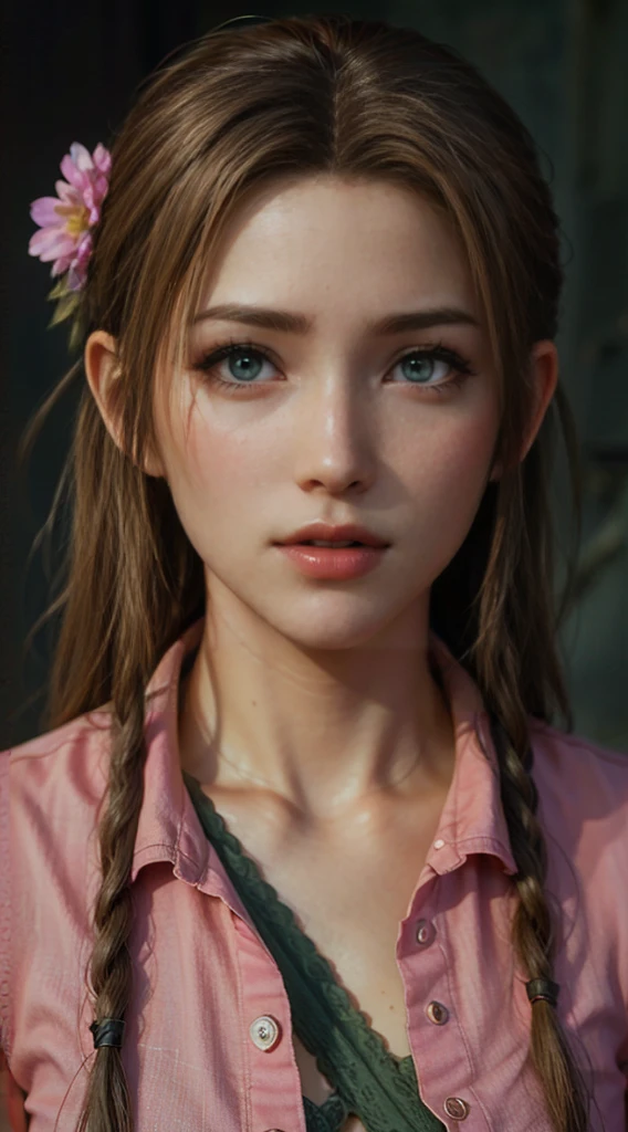 Aerith, green eyes, (best quality, ultra-detailed), (realistic:1.37), beautiful and detailed face, ultra-realistic texture, delicate face, delicate body, red lipstick, bright colors. High definition, 8K