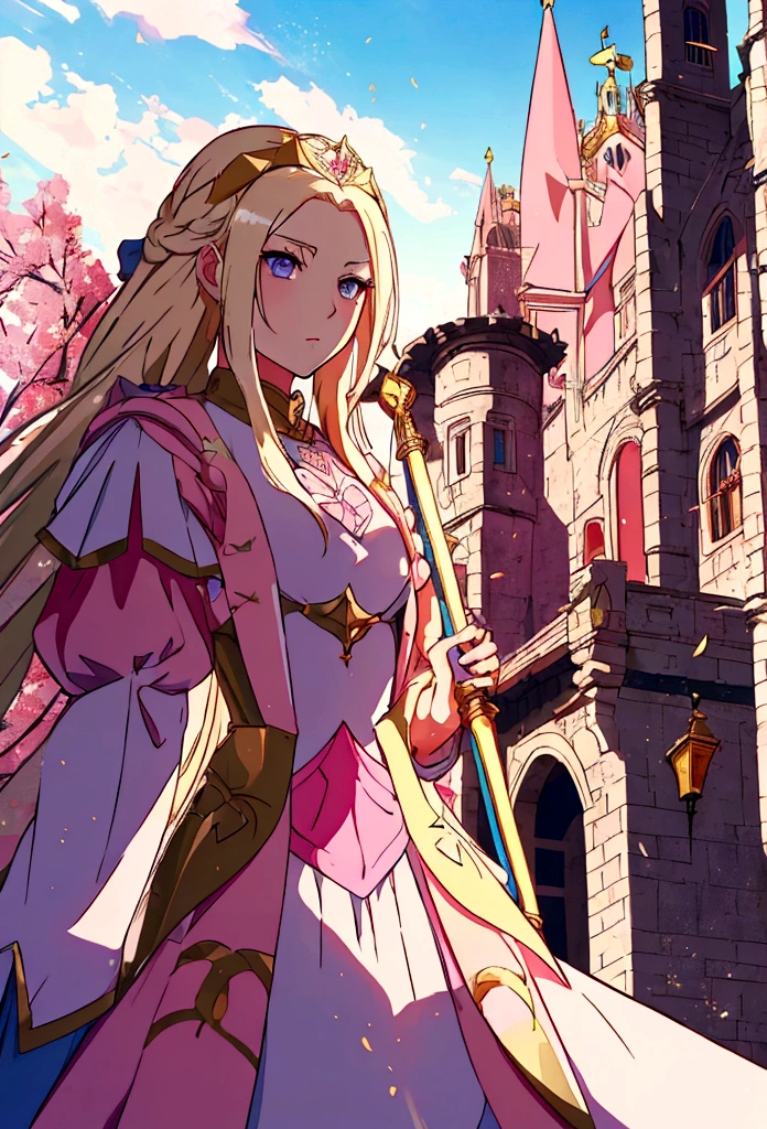 anime styling, best qualityer, White girl, long  hair, blonde hair with pink shine, princesselise, dress in colors: offwhite, pink and gold, holding a rapier, tails, Medieval theme, castle background scenery, blue colored eyes, facefocus
