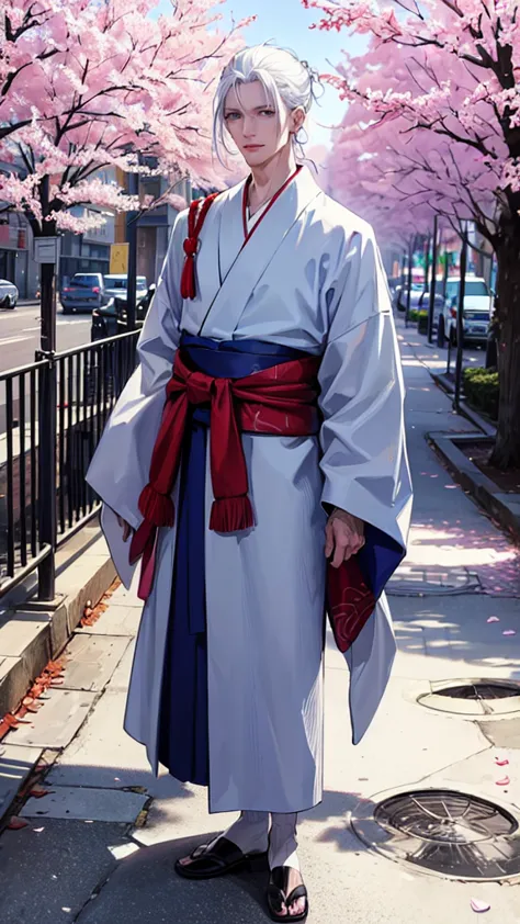 a handsome, many, white haired man, with blue eyes, wearing a red kimono, named "gojo satoru" in a realistic 4k-hdr view, is sta...