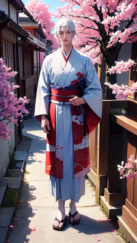 a handsome, many, white haired man, with blue eyes, wearing a red kimono, named "gojo satoru" in a realistic 4k-hdr view, is sta...